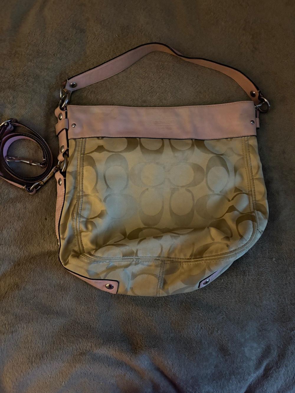 Coach Beige Signature Canvas Shoulder Bag with Pink Trim